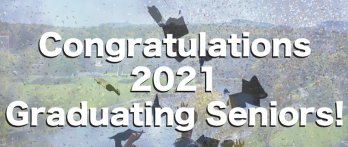 "Congratulations Graduating Seniors!" text over image of garduates throwing caps into the air superimposed over image of UMass Campus with Holyoke Range in background