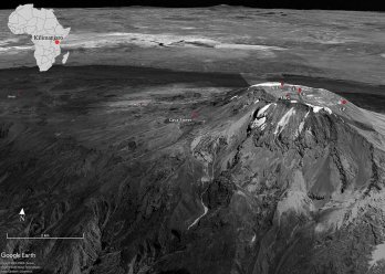  Oblique view of Kilimanjaro and the study sites (Google Earth). Site abbreviations correspond with site names in Table 1 in paper.